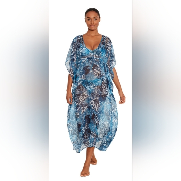 Lauren Ralph Lauren Blue and White Midi Caftan with flutter sleeves - Picture 3 of 11